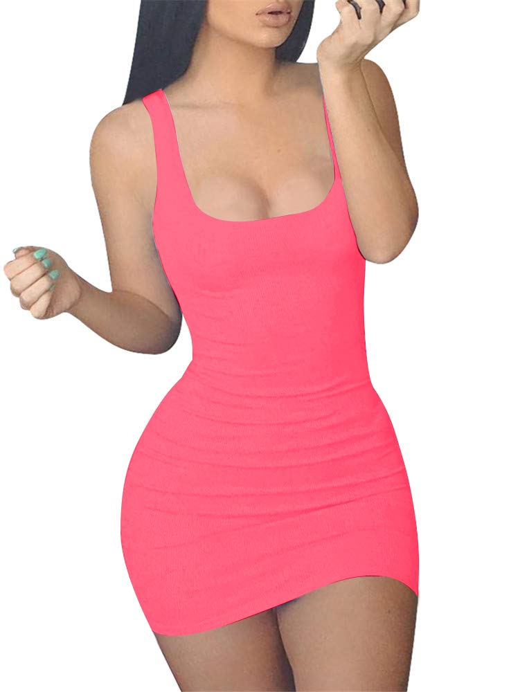 GOBLES Women's Casual Summer Sleeveless Mini Sexy Bodycon Tank Club Dress Fluo Pink - Image 1